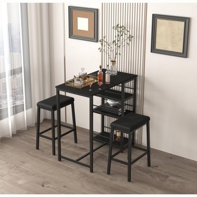 Dining Table Set for 2, Counter Height Kitchen Table with 2 Upholstered Stools & 3 Storage Shelves,Bar Table Set for Kitchen Dining Room Small Space