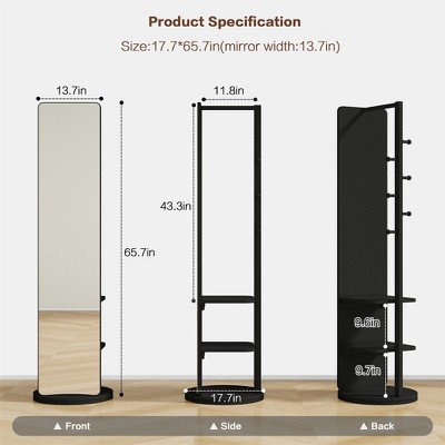 Black Freestanding Full Length Mirror with Coat Rack and Storage