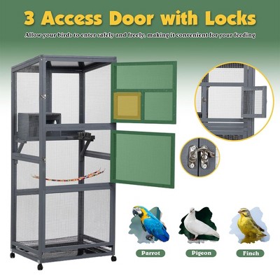 Coziwow 68" Gray Wooden Bird Cage with Perch and Wheels