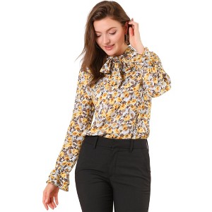 Allegra K Women's Floral Tie V Neck Chiffon Ruffle Trumpet Sleeve Blouse - 1 of 4