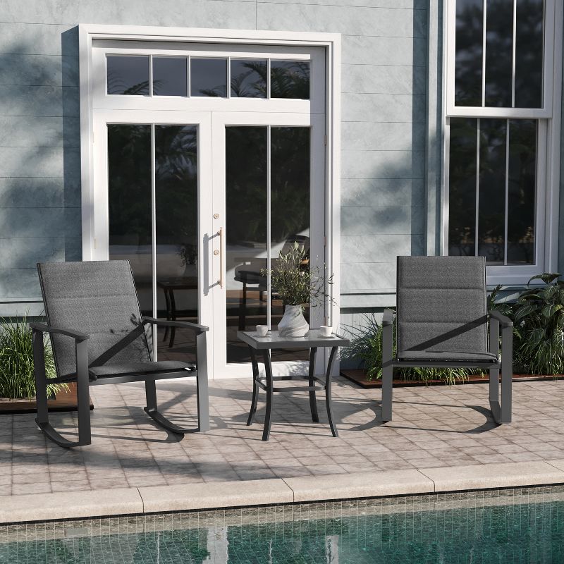 Emma and Oliver 3 Piece Outdoor Rocking Chair Patio Set with Flex Comfort Material and Metal Framed Glass Top Table, 2 of 13