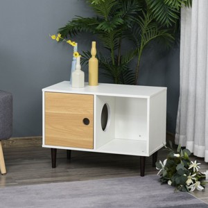 Wooden Cat House with Soft Cushion and Hidden Door Modern Indoor Cat Condo Side Table with Storage for Small Cats up to 11 lbs - LAOTIES - 1 of 4