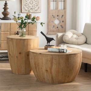 NicBex Modern Round Coffee Table Set of 2 with Bucket Design for Living Room, Natural - 1 of 4