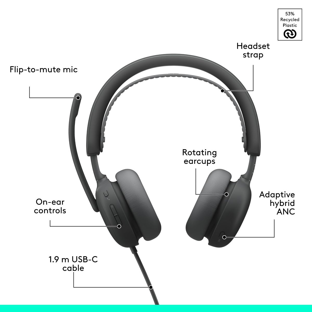Logitech Zone Wired Headset w/ Hybrid ANC USB-C with USB-A Graphite 981-001611 - thumbnail 7