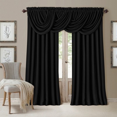Black Polyester Room-Darkening Waterfall Valance with Scalloped Trim