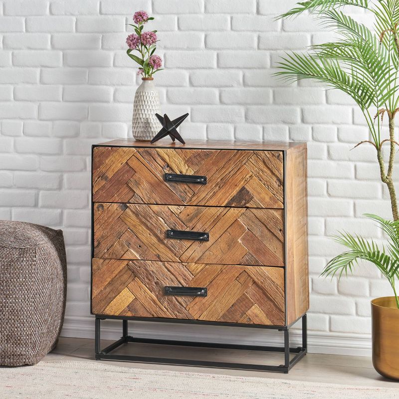 Burdine Handcrafted Boho Wood 3 Drawer Cabinet Natural/Black - Christopher Knight Home, 3 of 12