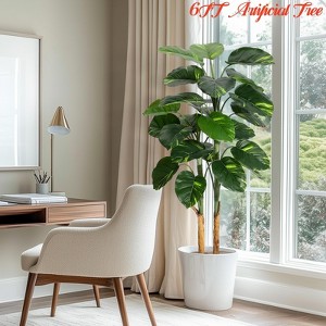 Artificial Scindapsus Aureus Plant, Trunk Wrapped w/ Unique Banana Peel, Indoor Decorative Potted Faux Golden Pothos Floor Plant, 6FT Artificial Tree - 1 of 4