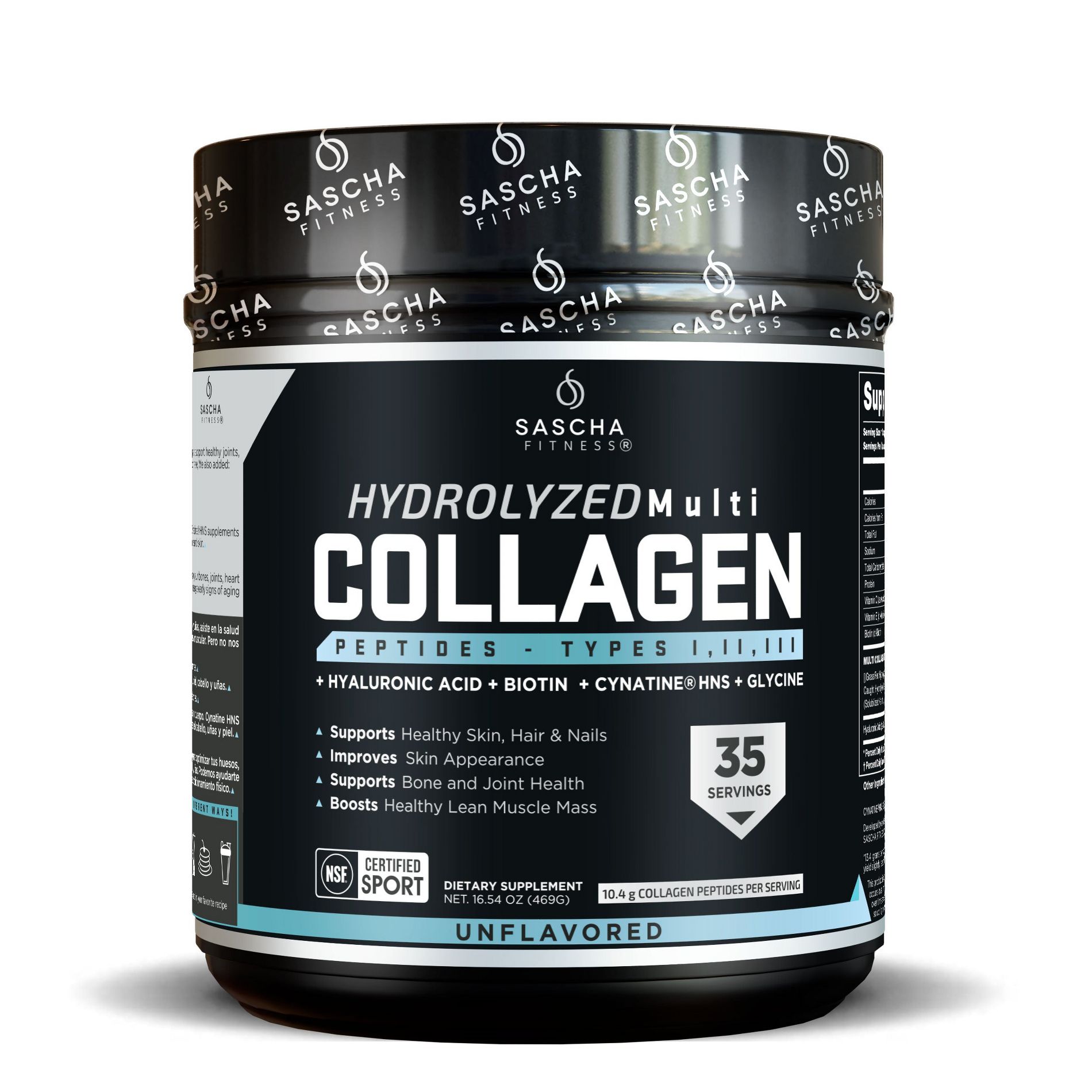 Sascha Fitness Hydrolyzed Multi Collagen Peptides Types I, II & III – Hair, Skin & Bone Support – Unflavored Powder 16.54 oz