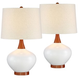 360 Lighting Brice 23" High Small Mid Century Modern Accent Table Lamps Set of 2 Ivory Wood Ceramic Living Room Bedroom Bedside Off-White Shade - 1 of 4