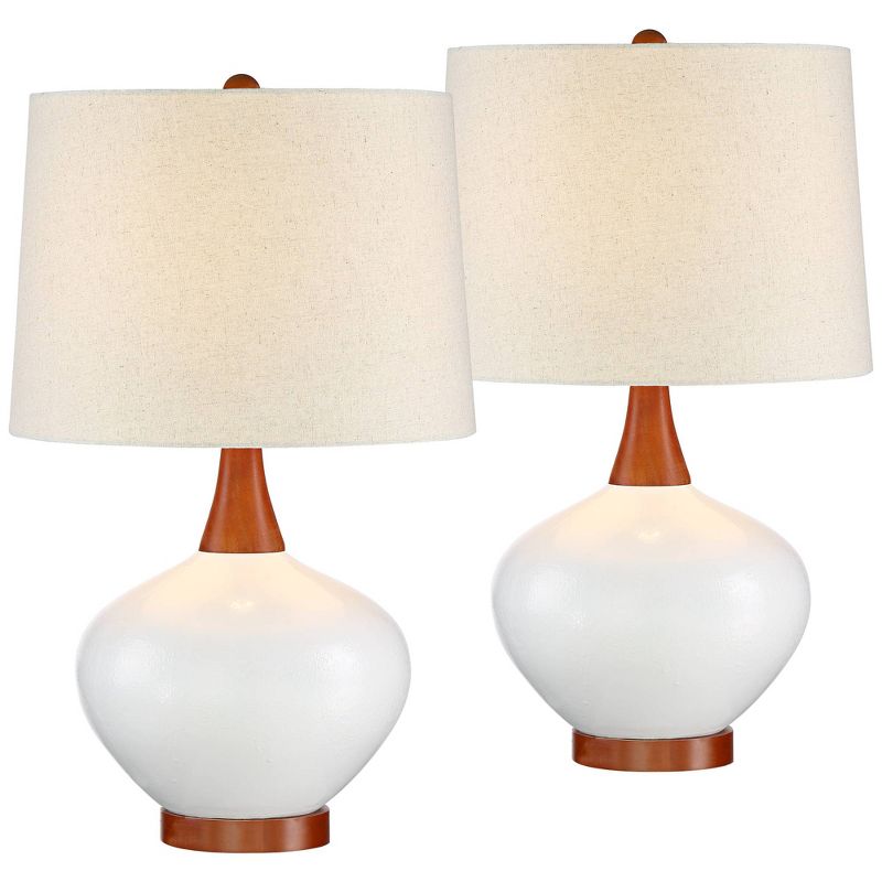 360 Lighting Brice 23" High Small Mid Century Modern Accent Table Lamps Set of 2 Ivory Wood Ceramic Living Room Bedroom Bedside Off-White Shade, 1 of 8