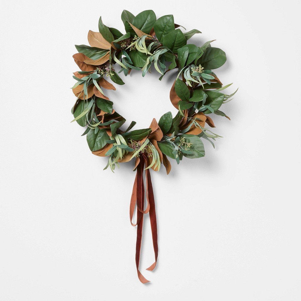 Magnolia and Olive Artificial Wreath with Ribbon Brown - : Indoor Decor, Unlit, Polyester - Threshold™ designed with Studio McGee