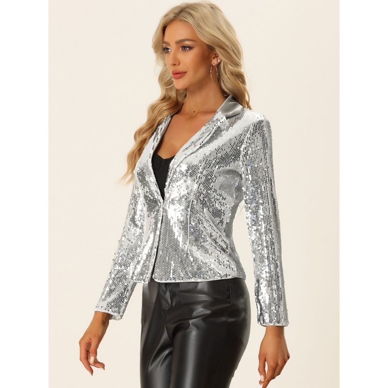 Allegra K Women's Velvet Contrast Collar Shiny Metallic Cropped Sequin Blazers, 4 of 6