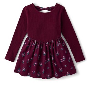 The Children's Place Baby Girls Long Sleeve Floral Bow Back Dress Burgundy 18-24 M - 1 of 3