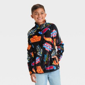 Boys' Hot Wheels Faux Shearling Half Zip Pullover Sweatshirt - Black - 1 of 3