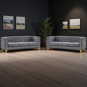 3+3 Velvet Tufted Sofa Set with Metal Legs & Nailhead Trim - 1 of 4