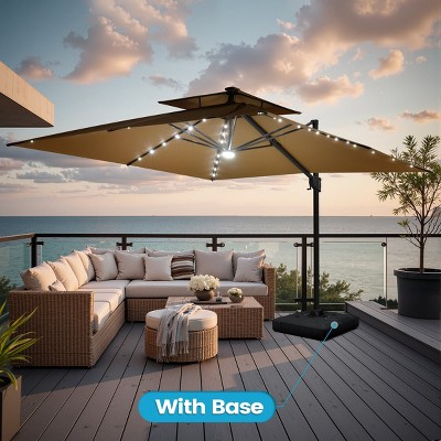 Crestlive Products 11FT Patio Double Top Cantilever Umbrella with Light and Base Set Outdoor 360° Rotation 6 Heights Adjustable Offset Umbrella