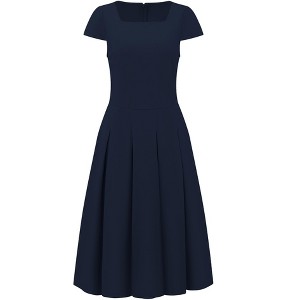 INSPIRE CHIC Women's Cap Sleeve Flare Square Neck Business Work A Line Pleated Dress - 1 of 4