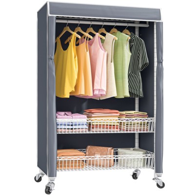 VIPEK Rolling garment rack with wheels, Heavy Duty Covered Clothes Rack with Basket, White Clothing Rack with Cover