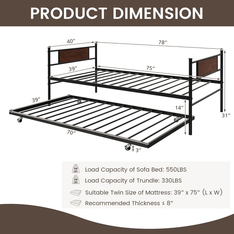 Costway Twin 2-In-1 Daybed Frame with Trundle Bed Set Steel Platform Sofa Bed Black, 4 of 10