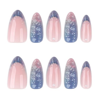 LOVELAY CREATIONS Blue Pearl French Tip Almond Press-On Nails, Mermaid Iridescent