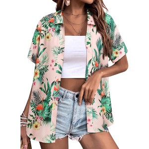 Nlife Women's Hawaiian Tropical Beach Blouses Floral Print Button Up Tee Shirts Summer Casual Tops - 1 of 4