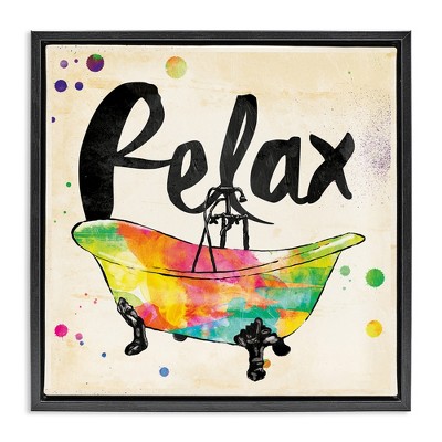 Stupell Industries Relax Rainbow Colors Icon Bath Black Framed Floater Canvas Wall Art