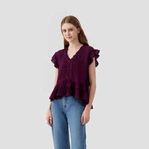 Women's Smocked Ruffle Short Sleeve Blouse - Universal Thread™ Purple - 1 of 3