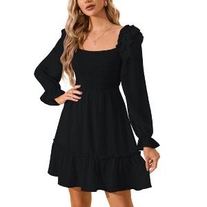 Women's Smocked Square Neck Short Dress Ruffle Long Puff Sleeve Casual Mini Dress Wedding Guest Dresses for Women - 1 of 4