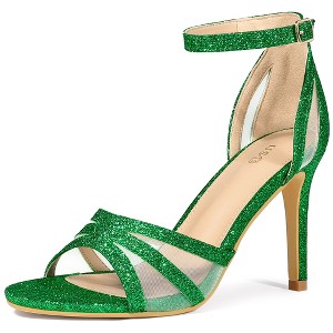 Allegra K Women's Glitter Mesh Stiletto Heel Ankle Buckle Strap Sandals - 1 of 4