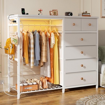 APRILSOUL White Dresser for Bedroom with  Rack 6 Drawers Dresser with LED Lights Charging Station Fabric Dressers