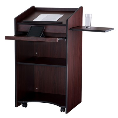 Mahogany Mobile Lectern with Shelves and Casters