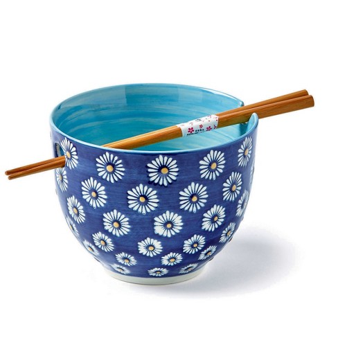 Tagltd 16 Oz. Daisy Printed Stoneware Noodle Bowl With Bamboo Chop ...