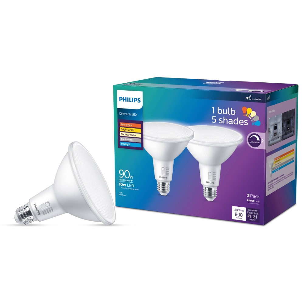 Photos - Light Bulb Philips LED Multi-CCT Dip Switch 90W PAR38 2P: Dimmable Floodlight Bulbs, 900 Lumens, E26 Base, 22.8-Year Life, 2-Pack 