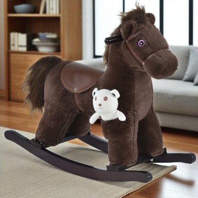 Mshliw Kids Plush Rocking Horse with Bear Toy, Ride-On Toddler Rocker with Sounds, Soft Chair with Curved Wooden Base for Kids, Halloween gift