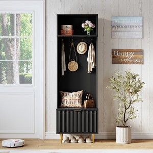 GustoWave 74" Slim Hall Tree with Shoe Bench and Storage, Entryway Coat Rack with 4 Gold Hooks & Metal Legs, Saving Space Design - 1 of 4