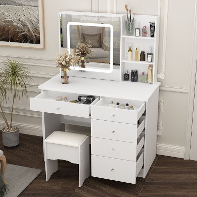 FUFU&GAGA LED Dimmable Mirror Dresser Dressing Table with Drawers Stool