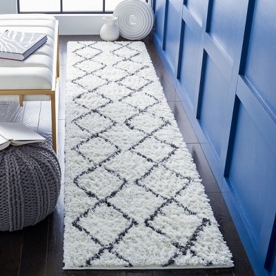 Ivory and Black Diamond Shag Runner Rug 2'2" x 9'