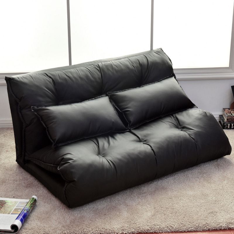 Costway PU Leather Foldable Modern Leisure Floor Sofa Bed Video Gaming 2 Pillows Black, 2 of 8