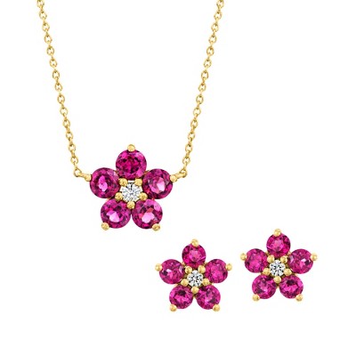 Ross-Simons 2.70 ct. t.w. Rhodolite Garnet and .10 ct. t.w. White Zircon Flower Jewelry Set: Earrings and Necklace in 18kt Gold Over Sterling Size 18