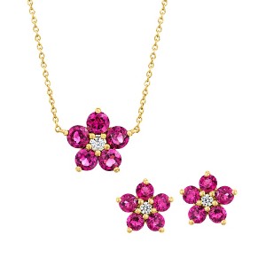 Ross-Simons 2.70 ct. t.w. Rhodolite Garnet and .10 ct. t.w. White Zircon Flower Jewelry Set: Earrings and Necklace in 18kt Gold Over Sterling Size 18 - 1 of 4