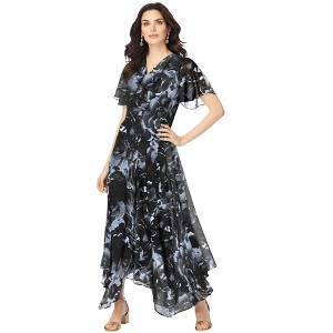 Roaman's Plus Size Floral Sequin Flutter-Sleeve Gown – Handkerchief-Hem Maxi Dress - 1 of 4