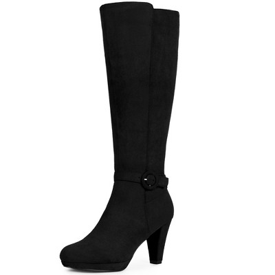 BLISSFUL STEP Low Platform Chunky Heels Buckle Knee High Boots for Women