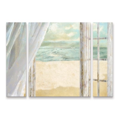 Large Coastal Landscape Canvas Art Set with White Curtain