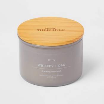 14oz Lidded Gray Glass Jar Crackling Wooden 3-Wick Candle with Clear Label Whiskey + Oak - Threshold™
