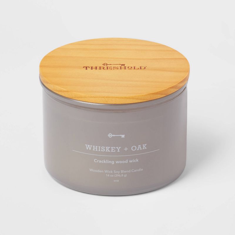 14oz Lidded Gray Glass Jar Crackling Wooden 3-Wick Candle with Clear Label Whiskey + Oak - Threshold&#8482;, 1 of 5