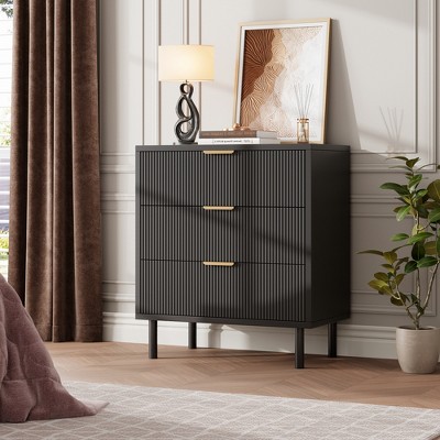 Black Wave Fluted 3 Drawers Dresser, Wide Wood Chest of Drawers, Modern Storage Chest of Drawers Organizer with Metal Legs for Bedroom
