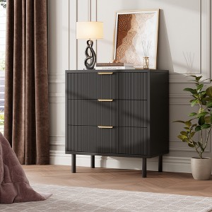 Black Wave Fluted 3 Drawers Dresser, Wide Wood Chest of Drawers, Modern Storage Chest of Drawers Organizer with Metal Legs for Bedroom - 1 of 4