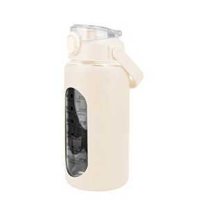 NewHome "34oz Motivational Glass Water Bottle with Time Markers, Straw, Silicone Sleeve & Handle for Gym" White - 1 of 4