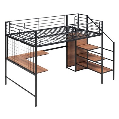 Bellemave Full Size Metal Loft Bed with Desk and Metal Grid, Stylish Metal Frame Bed with Lateral Storage Ladder and Wardrobe,  Black
