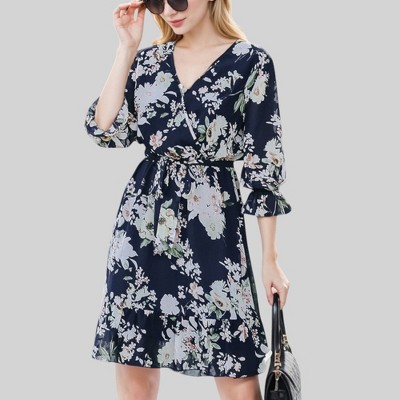 Anna-Kaci Women's Floral Print Wrap Dress with Ruffle Hem and Waist Tie